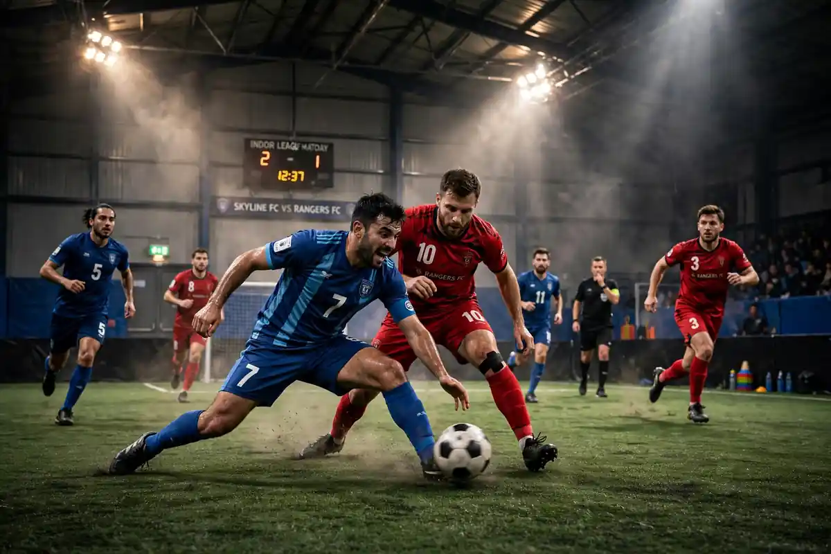 Fast-paced five-a-side match on an indoor court