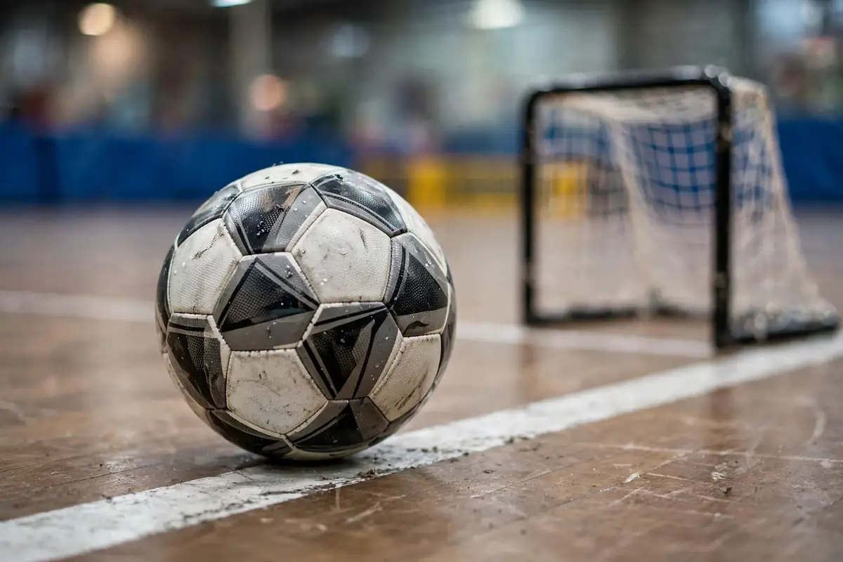 Futsal-style ball on an indoor court line near the goal