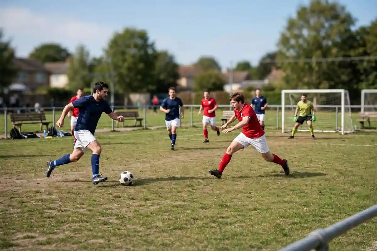 7-a-side amateur football match on a smaller pitch