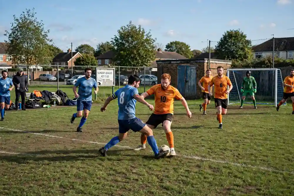 Sunday league 7-a-side match on a small community pitch
