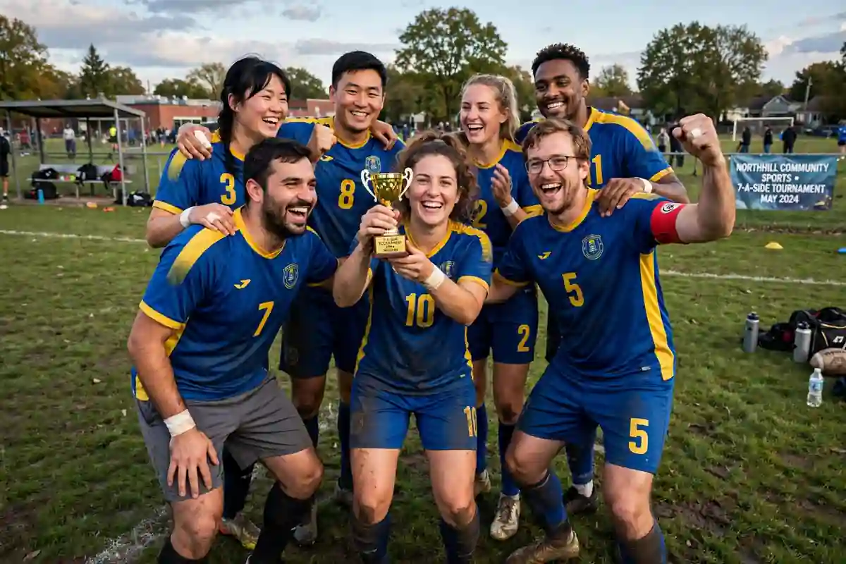 Amateur team celebrating winning a 7-a-side tournament