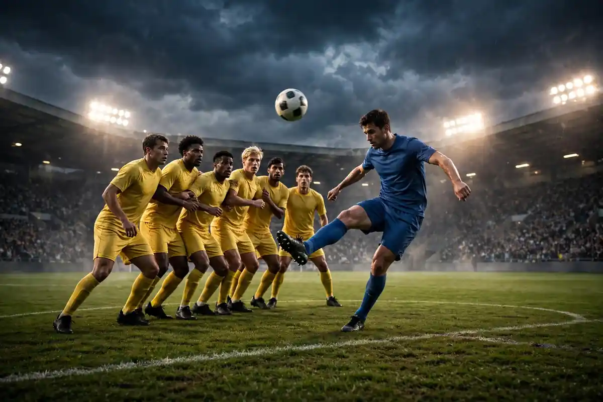Footballer striking a direct free kick over a defensive wall
