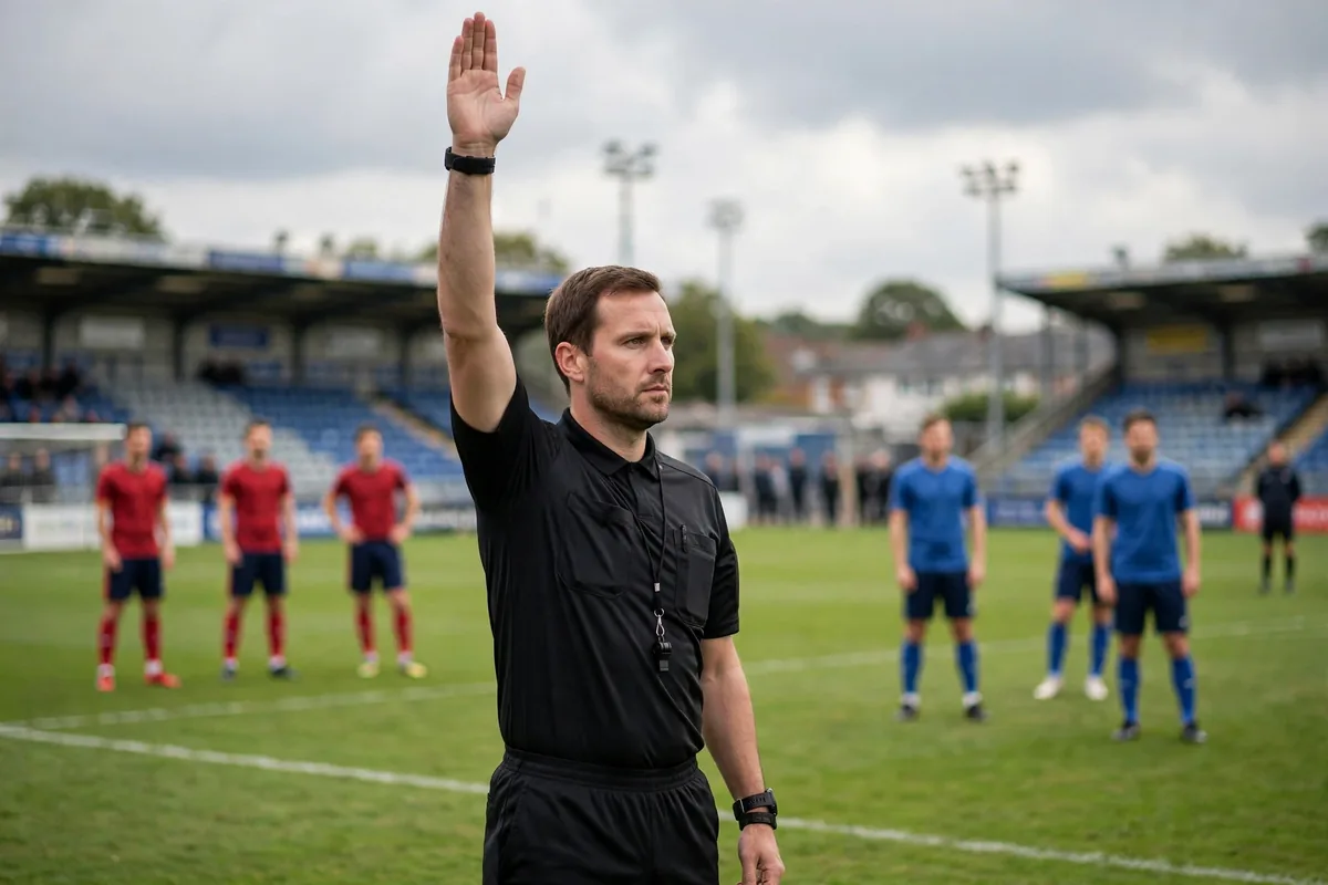 Referee with raised arm signaling an indirect free kick