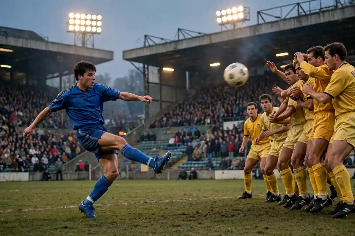 Footballer striking a powerful swerving direct free kick around a defensive wall