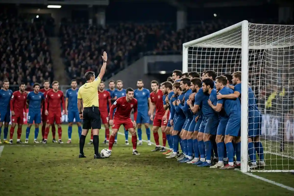 Crowded penalty area with defenders on the goal line facing an indirect free kick, referee's arm raised