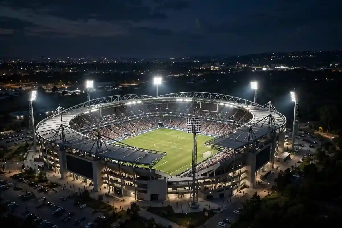 Champions League style stadium at night under floodlights