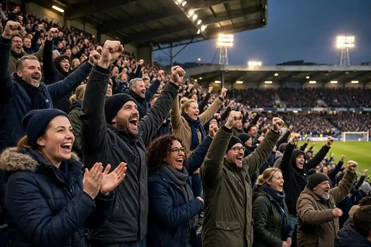 Football fans celebrating an away goal in a packed stadium