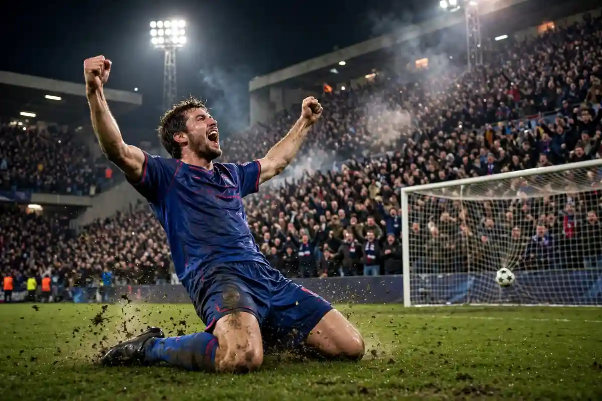 A dramatic last-minute goal in a Champions League semifinal at night, player celebrating