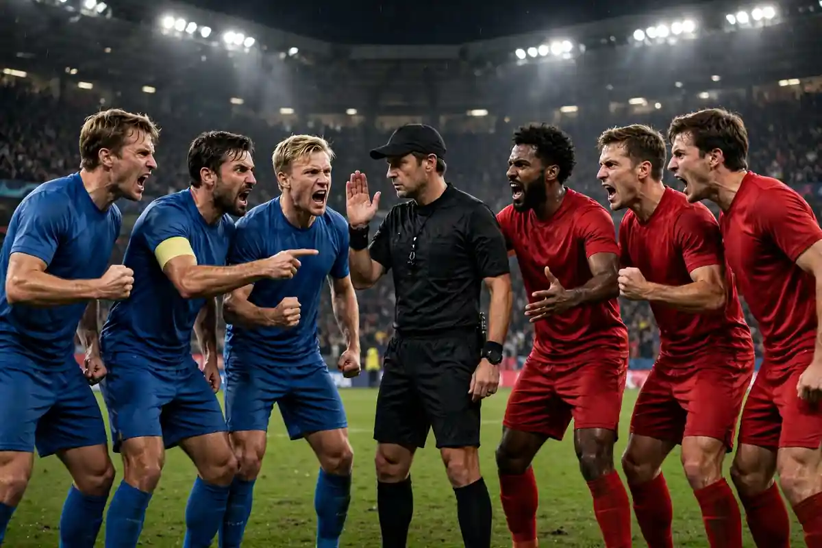 Footballers surrounding and protesting to the referee after controversial decisions