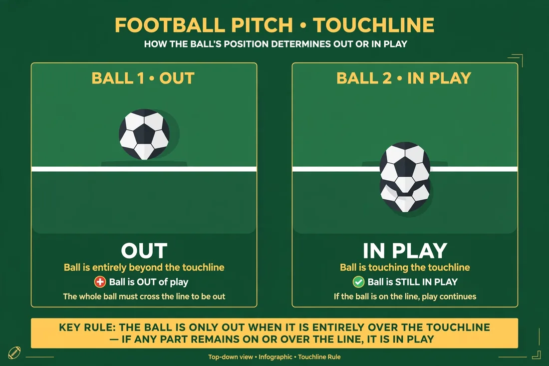 Top-down pitch diagram: ball wholly over the touchline marked OUT vs ball on the line marked IN PLAY — ball in and out of play rules