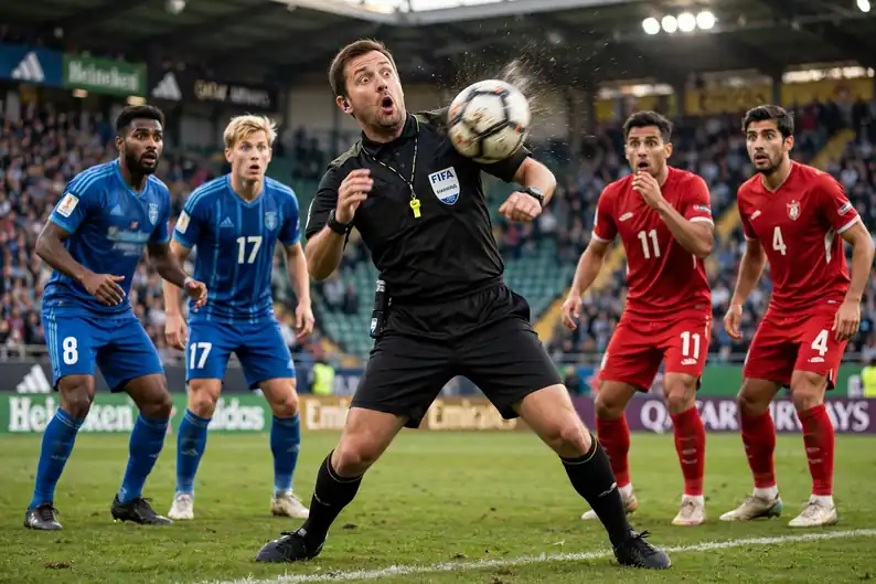 Football striking the referee during open play — ball in and out of play rules
