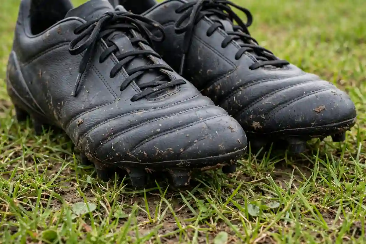Football boots with studs on grass pitch close-up