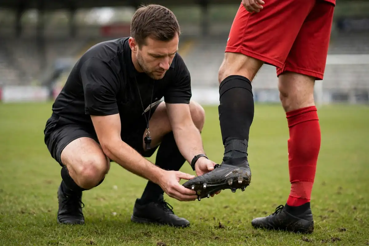Referee inspecting a player's boot studs before a match