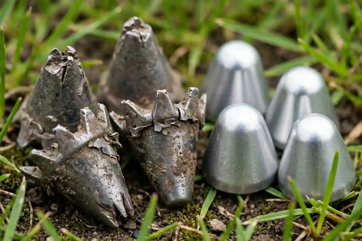 Worn metal football studs with sharp burred edges next to smooth new studs
