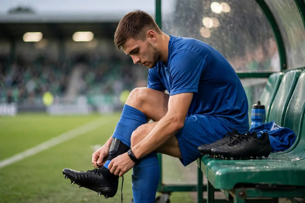 Footballer changing boots on the bench mid-match