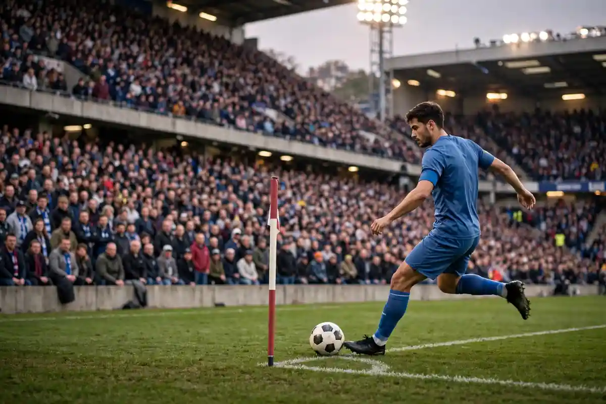Footballer taking a corner kick in a packed stadium