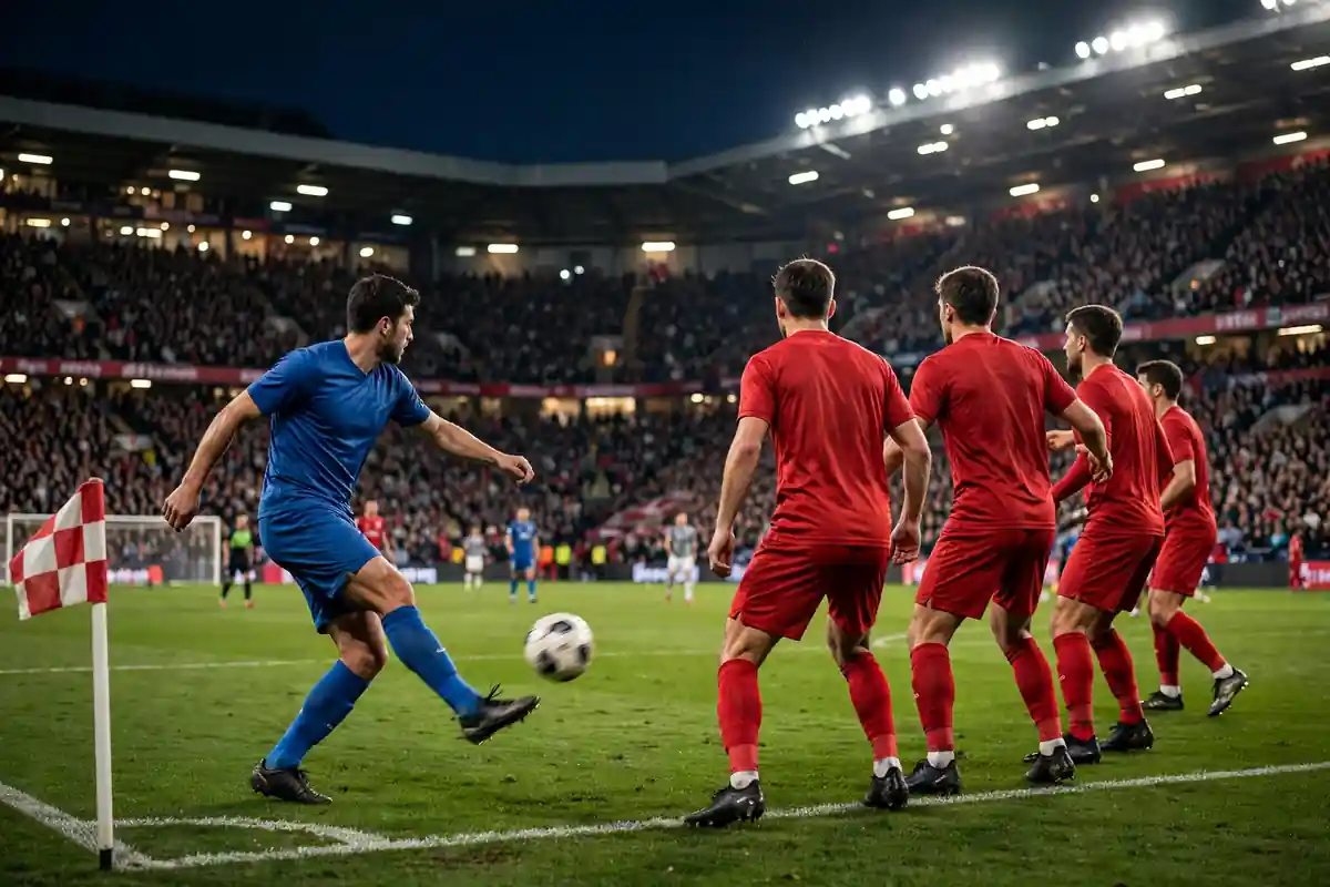 Footballer taking a quick corner kick while defenders are unprepared