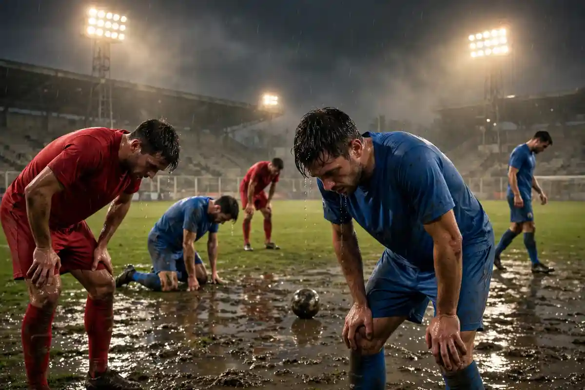 Exhausted footballers playing extra time in a floodlit night stadium