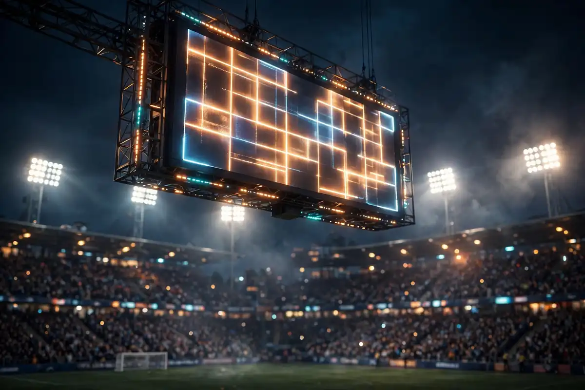 Stadium scoreboard glowing at night during extra time of a football match