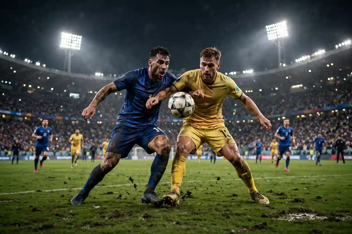 Exhausted players contesting the ball during extra time of a night-time World Cup final