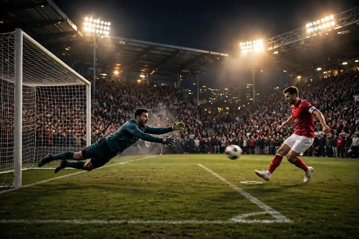 Tense penalty shootout moment with the goalkeeper diving at night