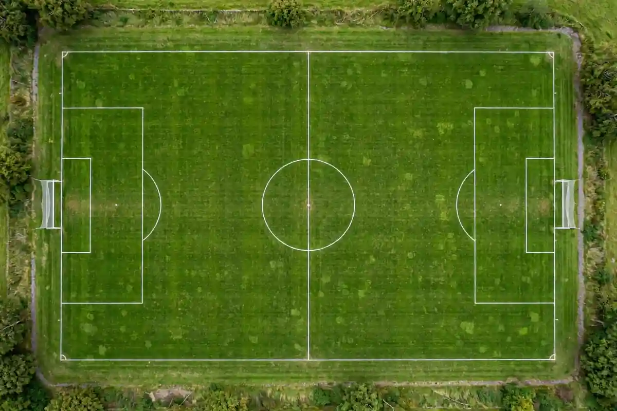 Aerial view of a football pitch showing all field dimensions and markings