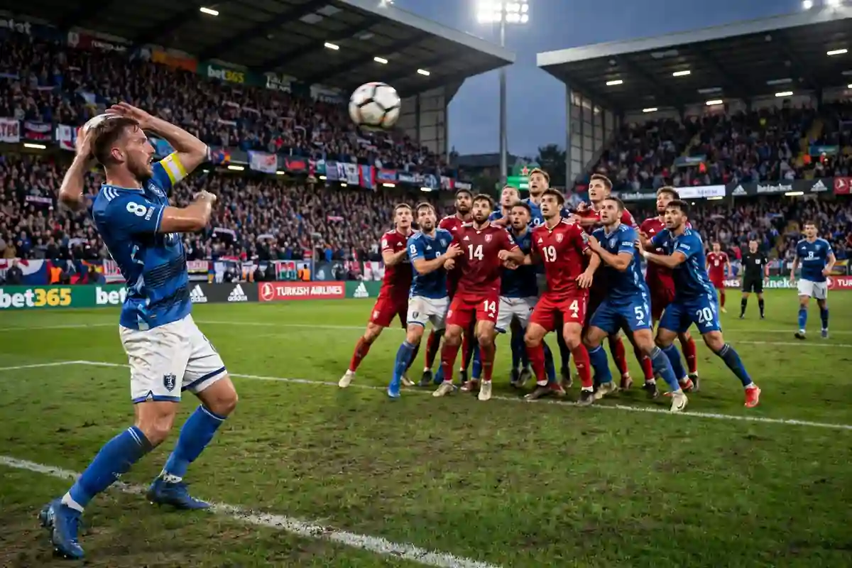 Player launching a long throw-in into a crowded penalty box