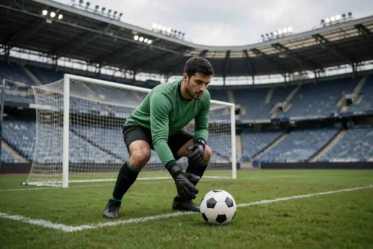 Goalkeeper preparing to take a goal kick in a stadium