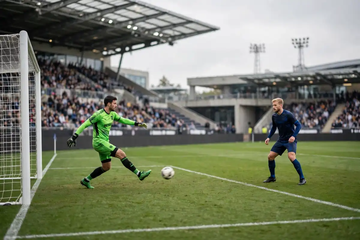 Goalkeeper playing a short goal kick to a defender inside the penalty area