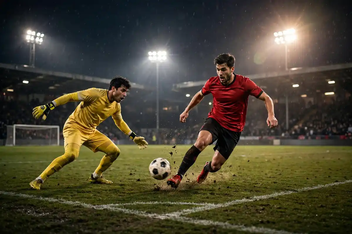 Striker intercepting a goalkeeper's misplaced pass near the penalty area