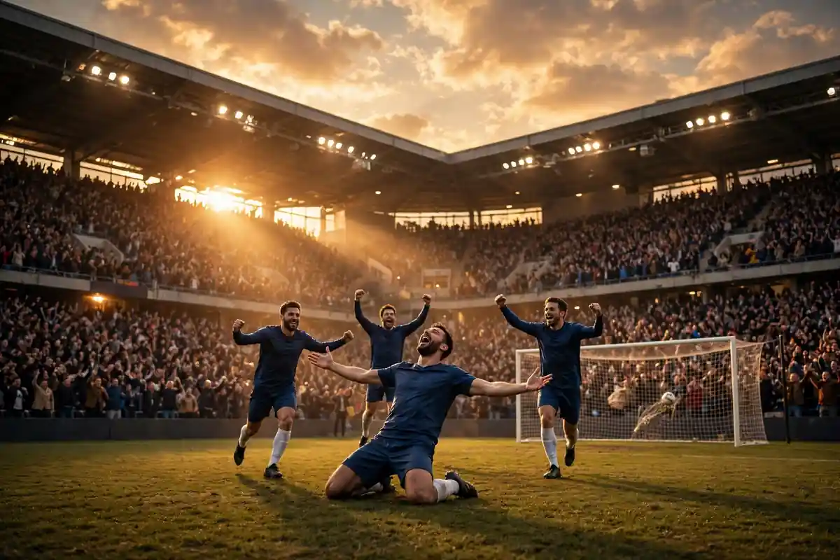Football players celebrating a winning goal at sunset in a packed stadium