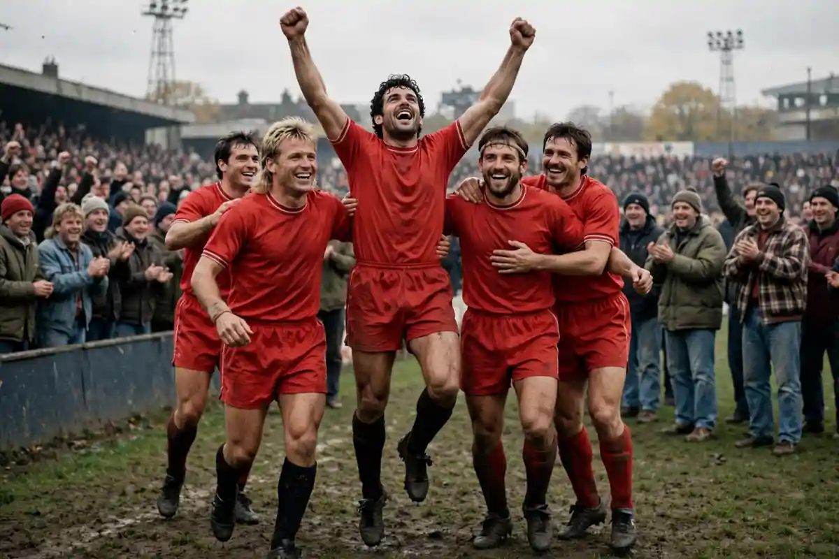 Vintage-style football match celebration from the 1990s golden goal era