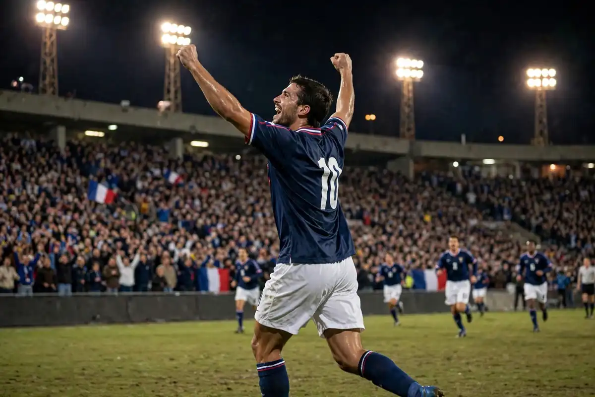 French players celebrating a late extra-time winner in a packed night stadium