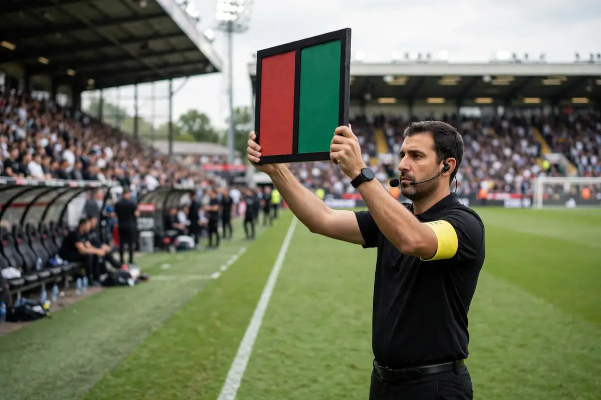 Fourth official holding up the board on the sideline during a football match