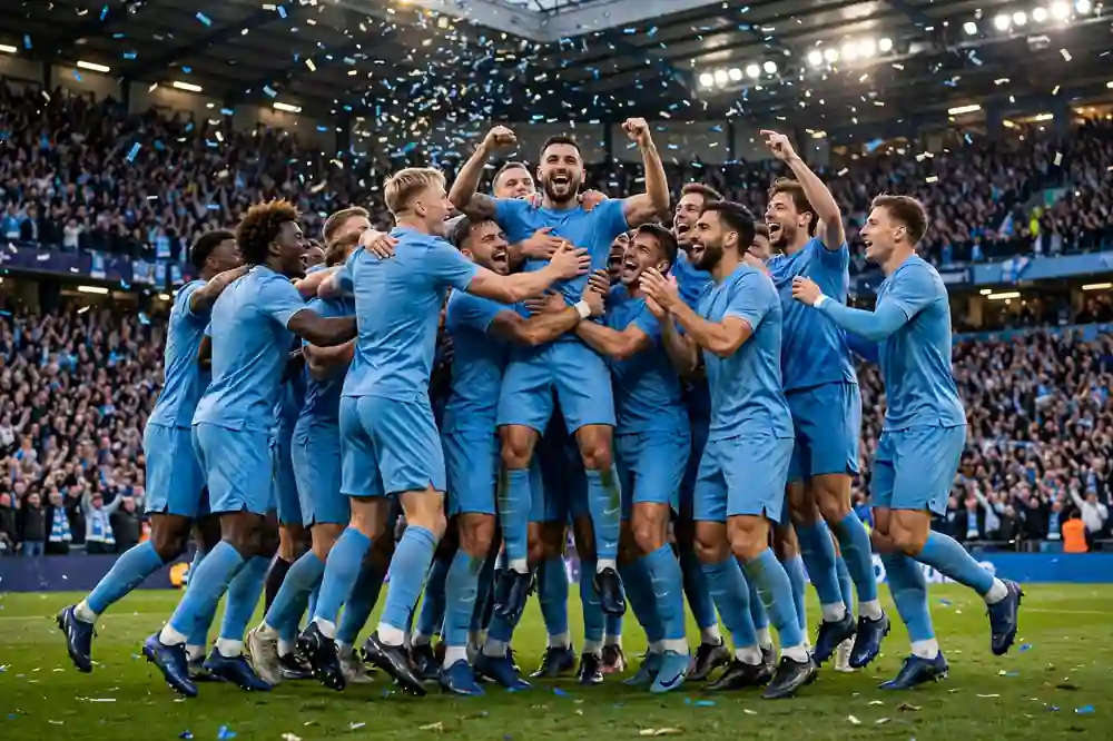 Manchester City players mobbing Sergio Agüero after his last-gasp title-winning goal