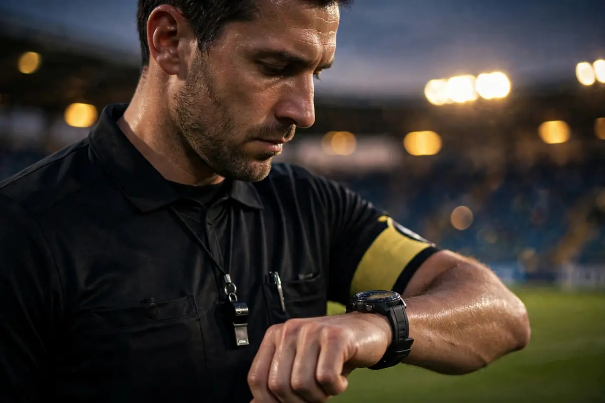 Referee checking his wristwatch during added time of a football match