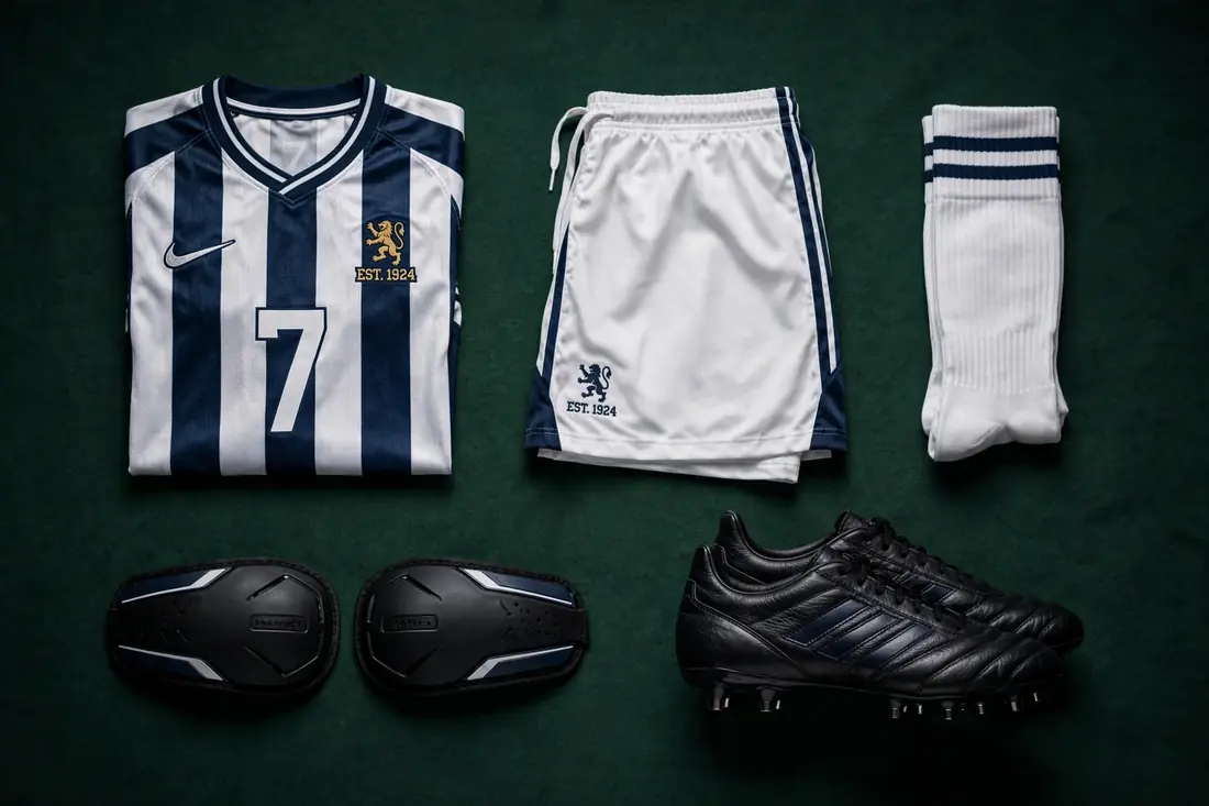 Complete football player kit laid out: jersey, shorts, socks, shinguards and boots — football players equipment rules