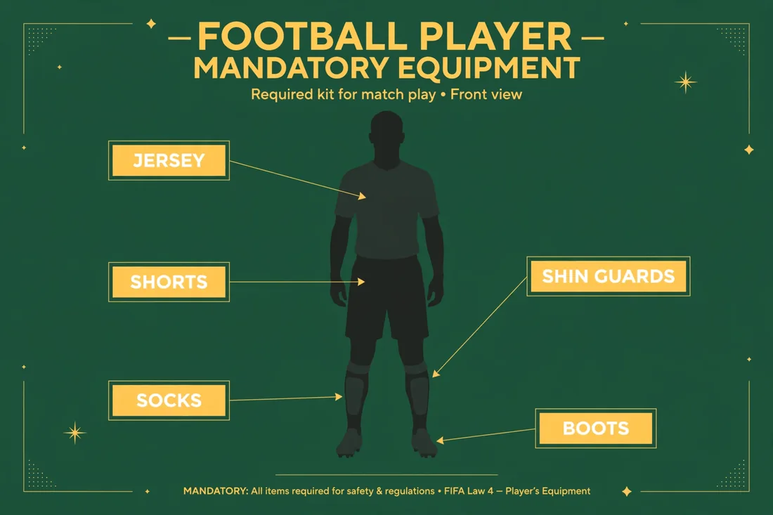 Diagram of mandatory football equipment: labeled jersey, shorts, socks, shinguards and boots — football players equipment rules