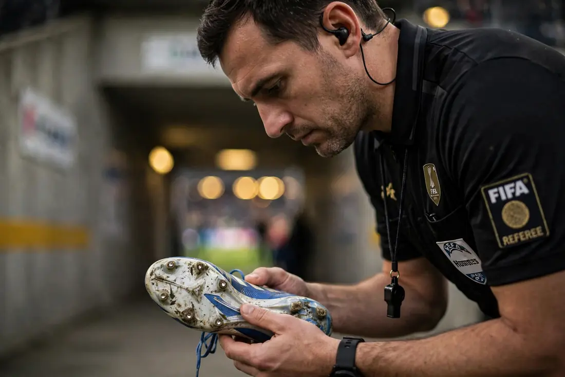 Referee inspecting a player's boot studs before kickoff — football players equipment rules
