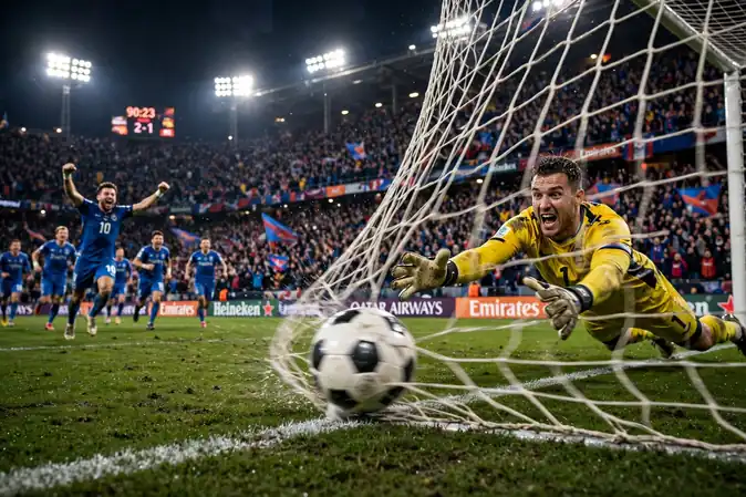 Football crossing the goal line into the net as the goalkeeper dives — football scoring goal rules