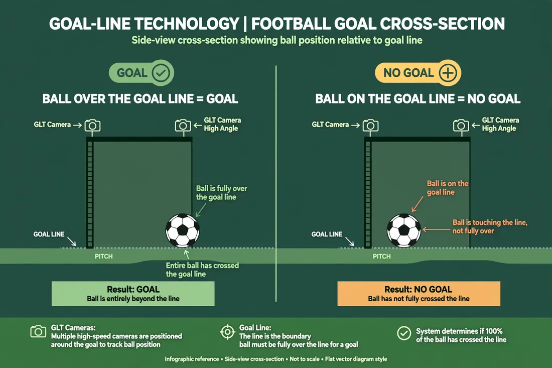 Side-view goal cross-section diagram: whole ball over the line marked GOAL vs ball on the line marked NO GOAL — football scoring goal rules
