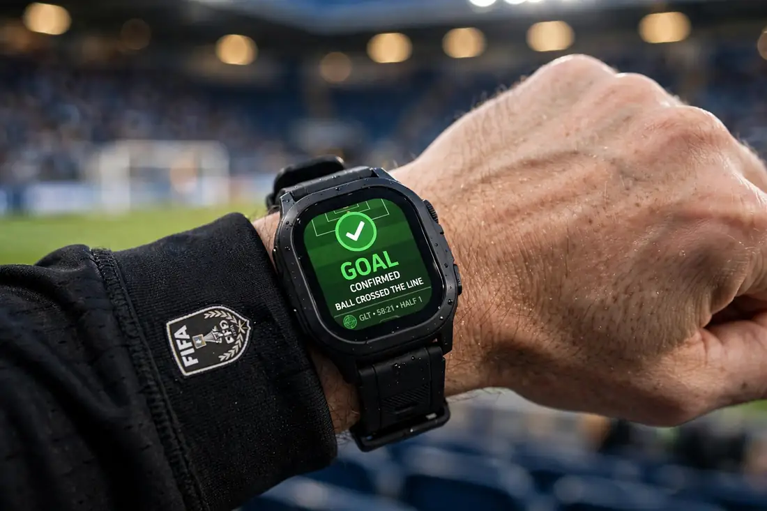 Referee checking goal-line technology watch signal — football scoring goal rules