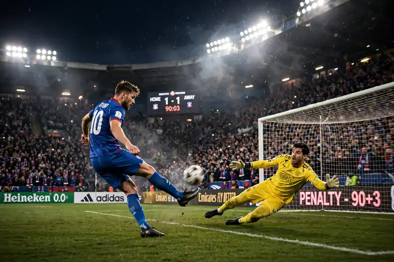 Decisive penalty shootout kick with goalkeeper diving — football scoring goal rules
