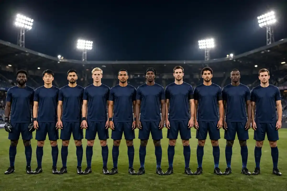 Football team lined up on the pitch before kickoff under stadium lights