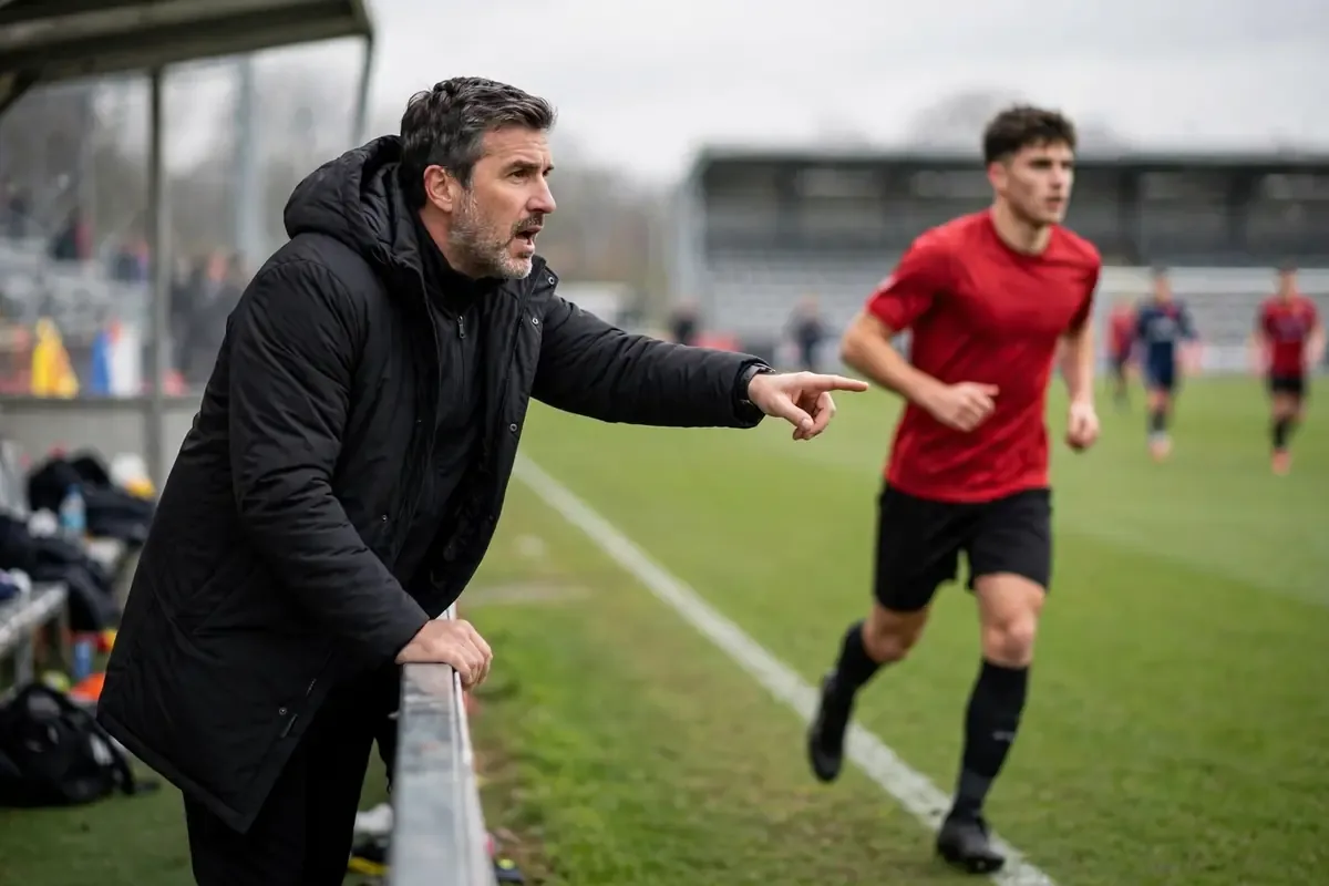 Coach directing a substitute player entering the pitch from the sideline