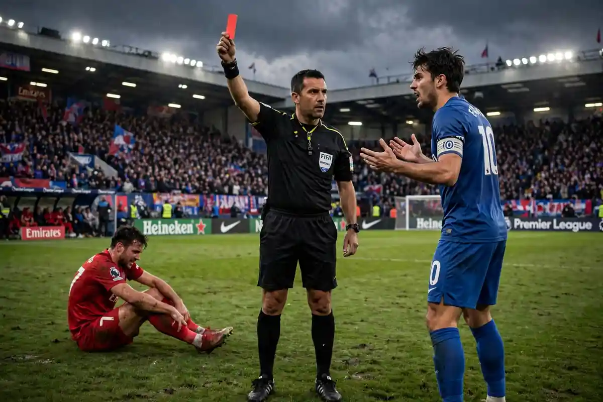 Referee showing a red card during a tense match moment