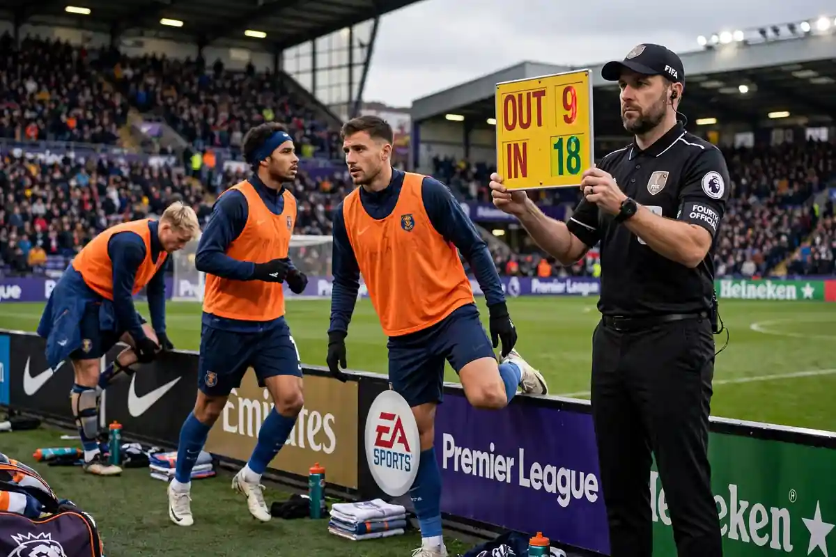 Substitutes warming up beside the fourth official on the sideline