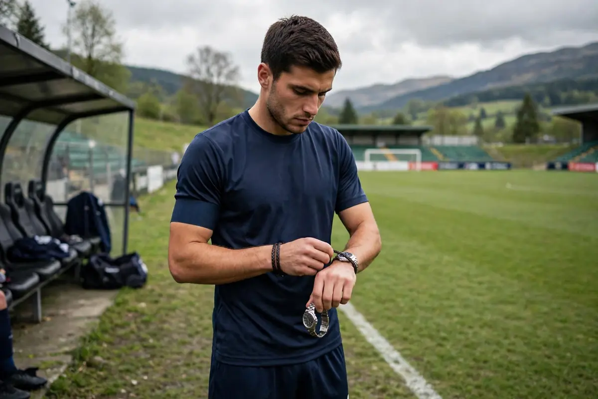 Football player removing a wristwatch and bracelet at the sideline before a match
