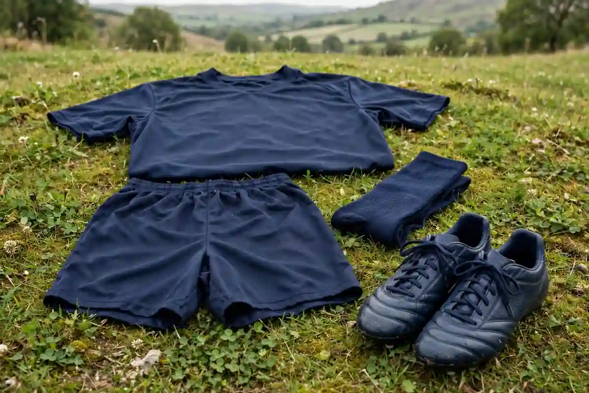 Football kit with shirt, shorts, socks and boots laid out neatly with no jewelry