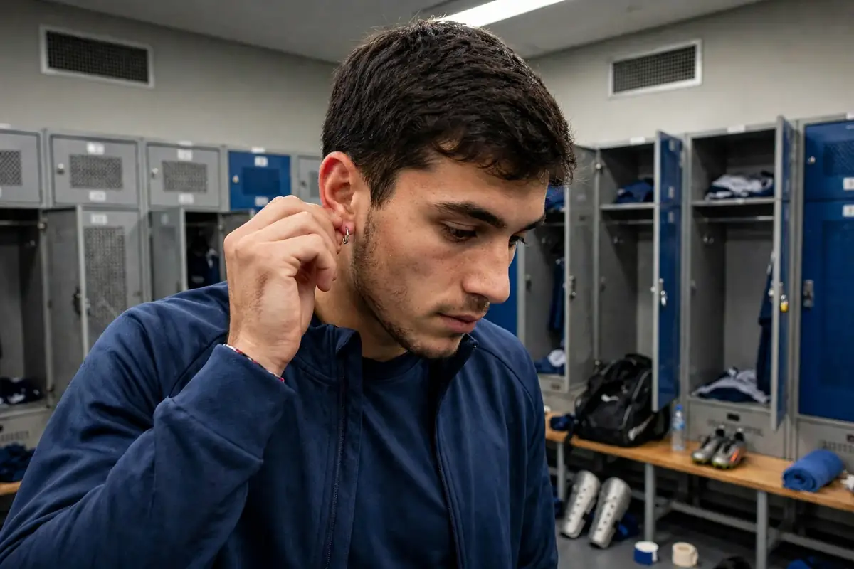 Footballer removing earrings in the dressing room before a match